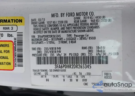 2013 Ford Fusion Se из США, поврежденный, VIN 3FA6P0HR2DR265345